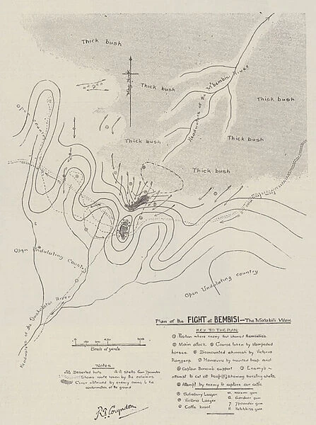 Plan of the Fight at Bembisi, the Matabili War (engraving)