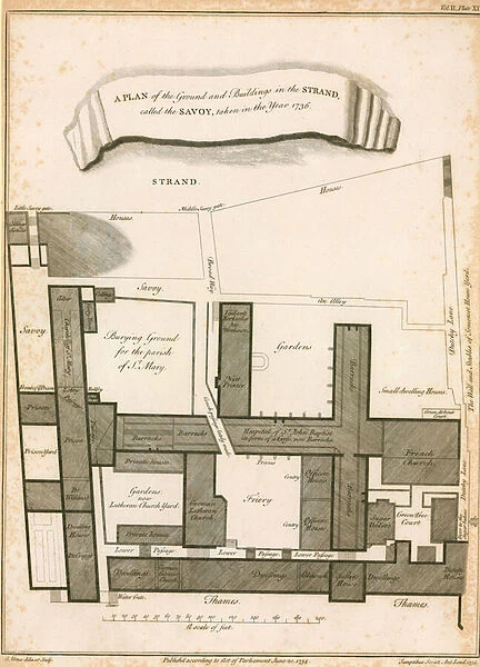 A plan of the ground and buildings in the Strand called the Savoy, taken in the year 1736 (engraving)
