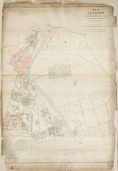 Plan of Lucknow, plotted from a survey made in 1856, by Lieut. Moorsom, 52nd. Lt. Infantry. (Presented by Captain Moorsom, C.E.), c.1856 (silk, paper)