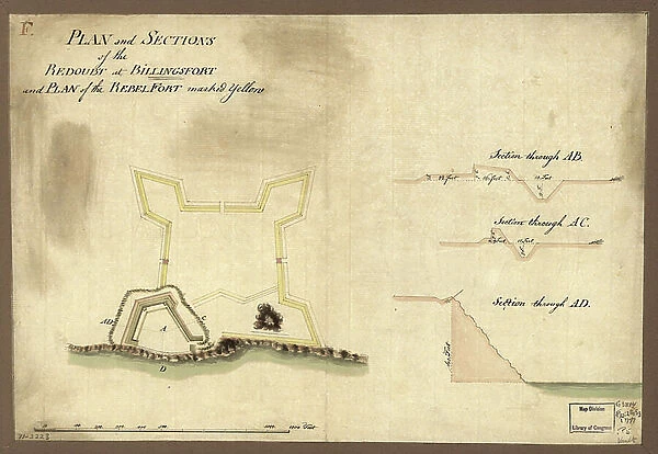 Plan and sections of the redoubt at Billingsfort and plan of the rebel fort marked yellow, c. 1777 (pen & ink with w / c on paper)
