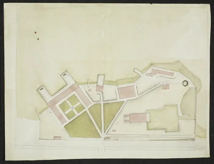 Framed Print : Plan of a structure, comprising of several buildings on a coast Framed Print : Plan of a structure, comprising of several buildings on a coast