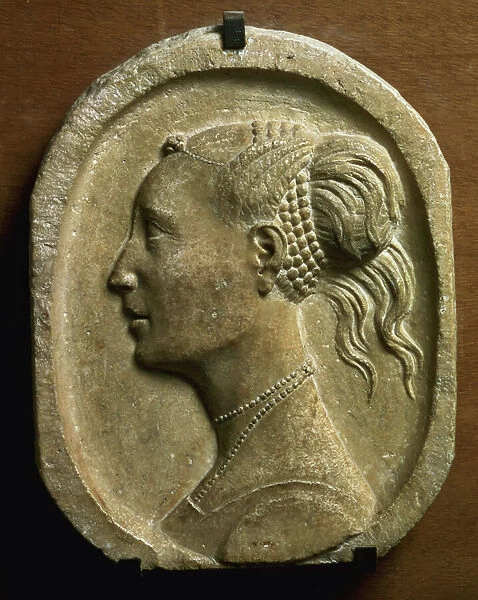 Plaque bearing the portrait of Battista Sforza attributed to Francesco di Giorgio Martini (1439-1502) (stone)