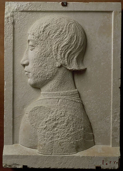 Plaque bearing the portrait of a young man, possibly Guidobaldo da Montelfeltro (d.1508), son of Federigo da Montefeltro, Duke of Urbino (1422-82) attributed to Francesco di Giorgio Martini (1439-1502) (stone)
