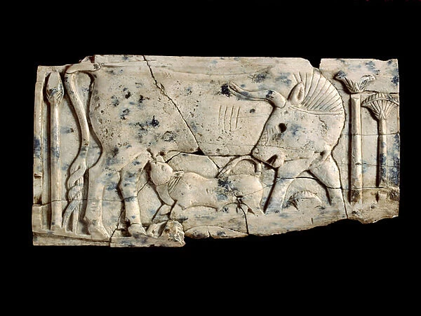 Plaque depicting a cow and a calf among papyrus plants, c. 850-700 BC (ivory carving)