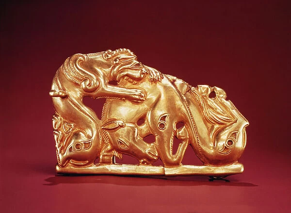 Plaque depicting a Griffin attacking a Horse (gold and turquoise)