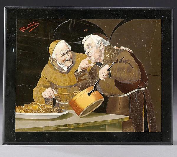 Plaque depicting two monks testing food within a black border, Florence