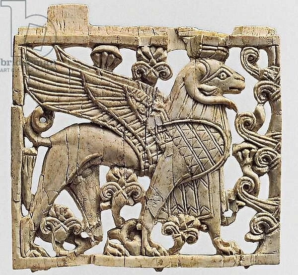 Plaque depicting a ram headed Sphinx, Nimrud, Mesopotamia, 9th-8th century BC (ivory)