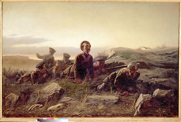 Plastounes a Sebastopol. (Bataille de Malakoff, 1855, des soldats russes surveillent l ennemi francais, en mission de reconnaissance). Peinture de Vasili (Vassili) Grigoryevich Perov (1834-1882), huile sur toile, 1874