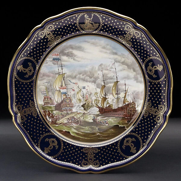 Plate decorated with a color reproduction based on the painting by Abraham Storck (1644-1708), c.1982 (porcelain)