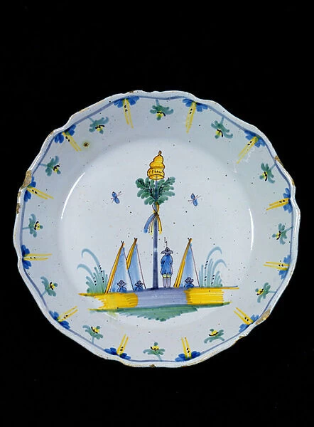 Plate decorated with the Liberty Tree planted at the foot of three tents (ceramic)