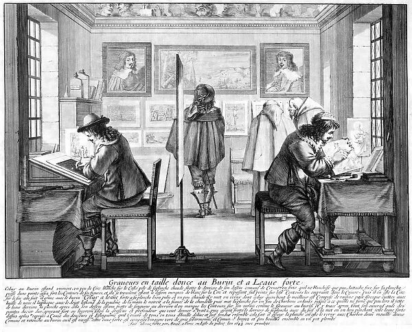 Plate engravers working with gallery behind, 1643 (engraving) (b  /  w photo)