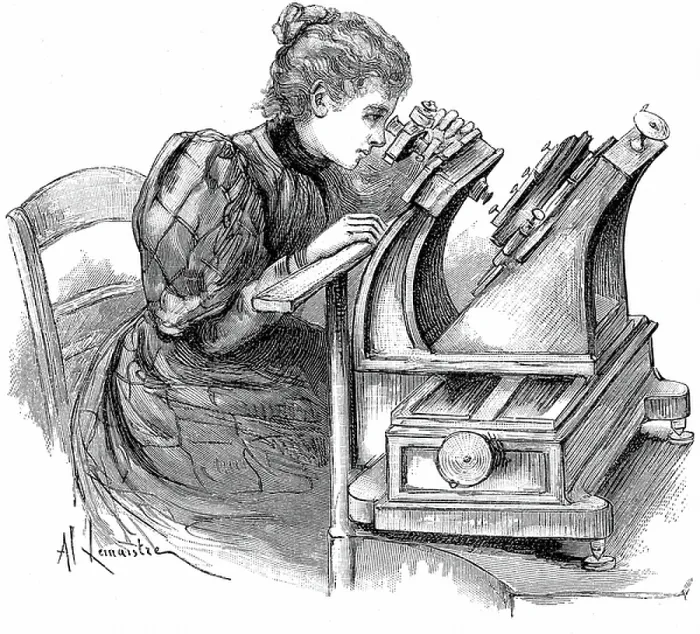 Framed Print : Plate measuring microscope. Woman measuring star positions on a photographic plate during compilation of the Carte du Ciel, Paris Observatory. Wood engraving 1895