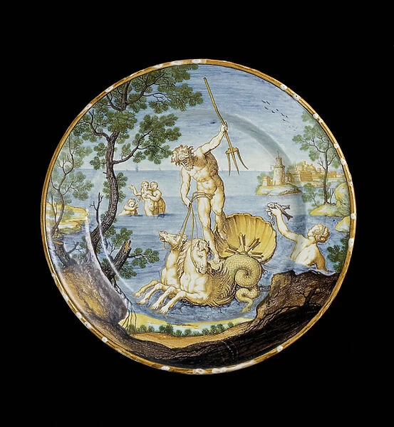 Plate with Neptune in his chariot, c. 1730 - 1750 (tin-glazed earthenware, maiolica)
