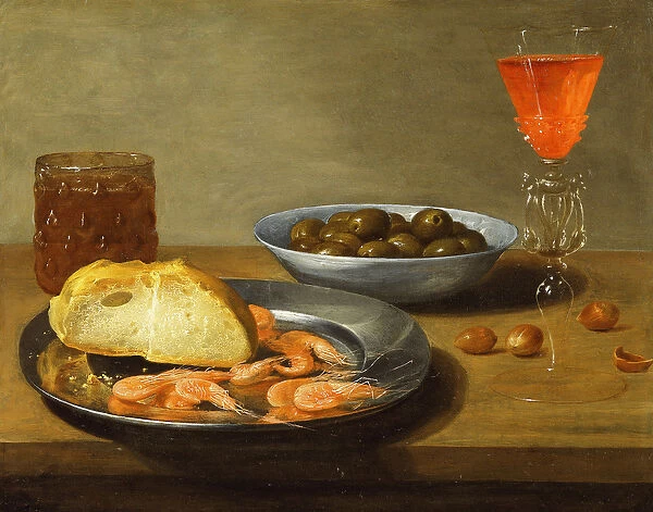 A Plate with Prawns and a Roll and Bowl with Olives, (oil on copper)