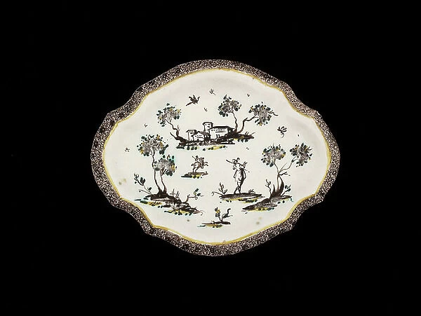 Plate or stand with figures, trees, and buildings, c. 1730-1780 (earthenware)