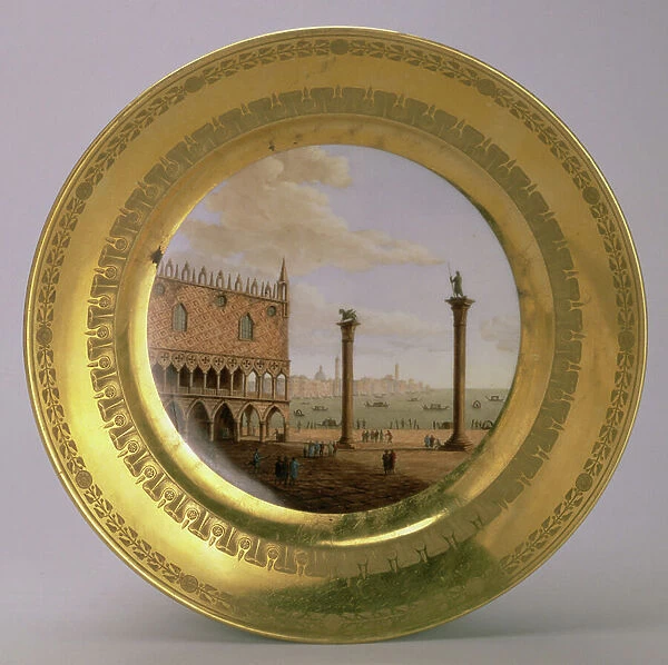 Plate, with a view of the Doge's Palace, Venice, from Eugene de Beauharnais' dessert service by Dihl et Guerhard, Paris, early 19th century (gilded porcelain)