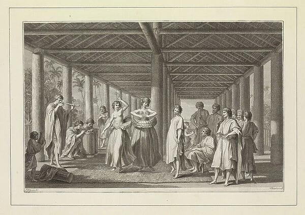 Plates of Captain Cook Voyages, Volume I. View of the inside of a house on the island of Ulietea, with representation of a dance, 1760-79 (engraving)