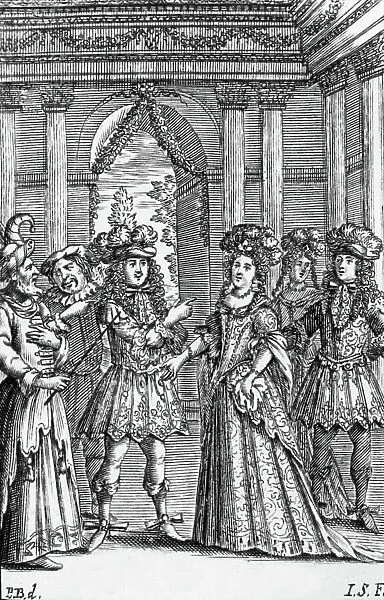 Play The Magnificent Lovers by Moliere : Eriphile, astrologer Anaxarque, buffoon Clitidas, Timocles and Iphicrate, engraving for a 1682 edition