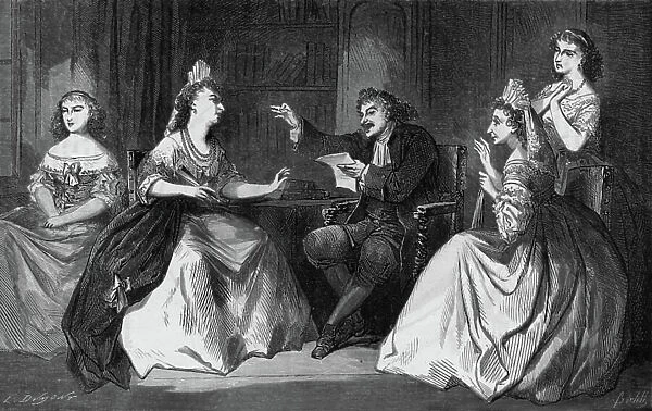 Play The Wise Women by Moliere (1672) : Armande and Philaminte listening to Clitandre, engraving by Bertall (19th century)