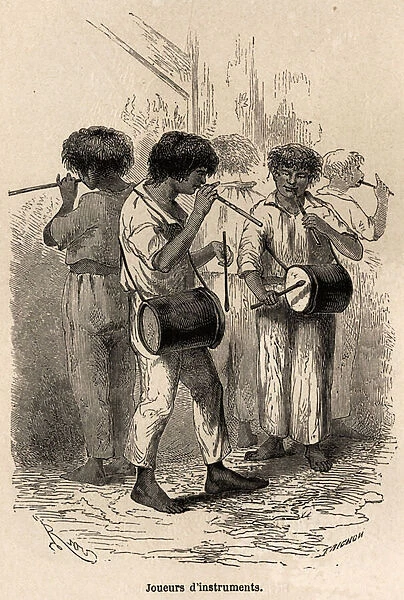 Players of musical instruments in Sarayacu (Peru), drawing by Riou