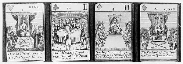 Playing cards depicting events early on in the reign of Queen Anne