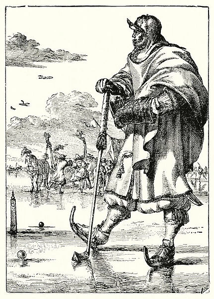 Playing golf on ice, Netherlands, 17th Century (litho)