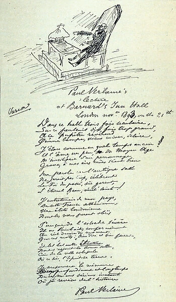 Poem sign of the French poet Paul Verlaine (1844-1896) with sketch of the representative