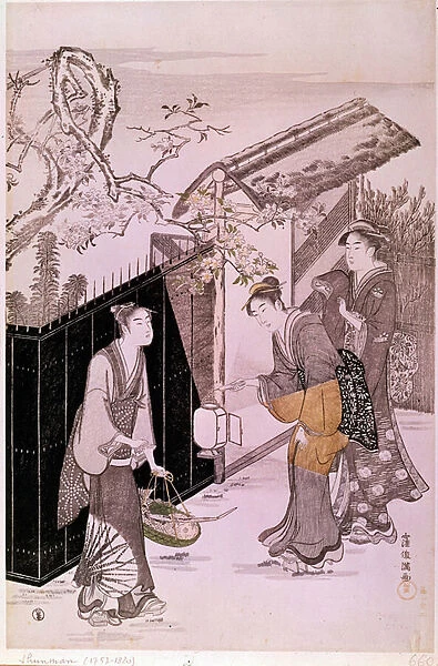 Back from poetic evening in spring Japanese print by Shunman Kubo (1757-1820)