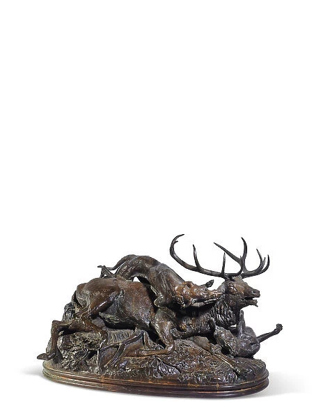 Ten pointed stag floored by two Scottish greyhounds, c. 1840 (bronze)