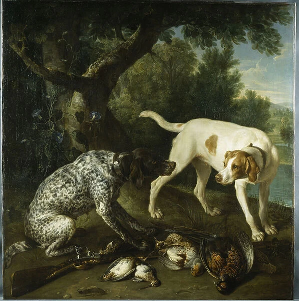 Two pointers belonging to the 3rd Earl of Burlington with dead game in a landscape
