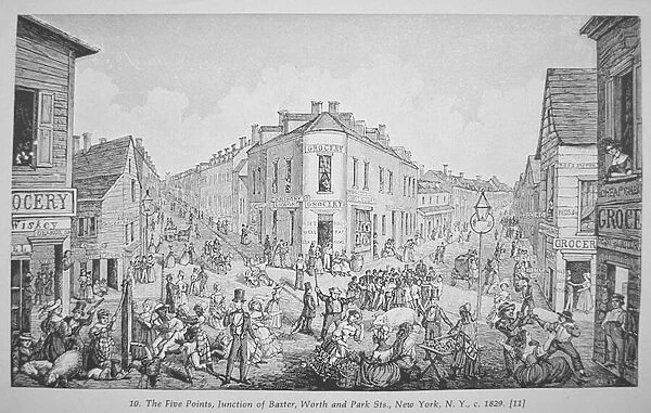The Five Points, Junction of Baxter, Worth and Park Streets, New York, c. 1829 (litho)