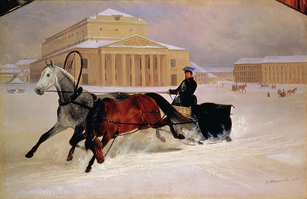 Pole Pair with a Trace Horse at the Bolshoi Theatre in Moscow, 1852 (oil on canvas)