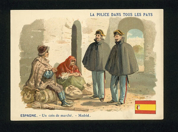 Police officers on patrol in a corner of a market in Madrid, Spain (chromolitho)