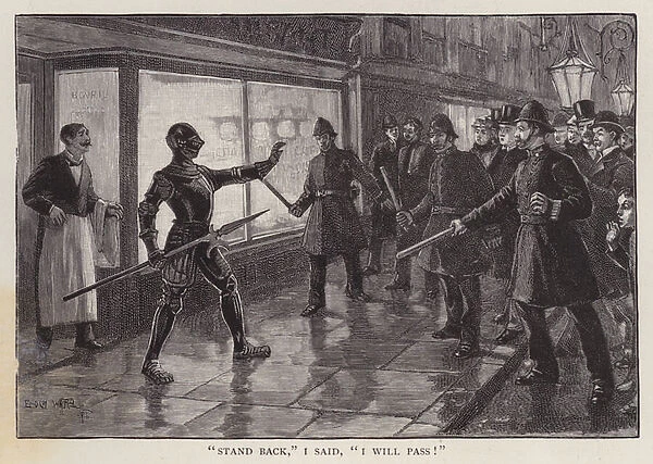 Policemen confronted by a man wearing a suit of medeval armour on a London street (litho)