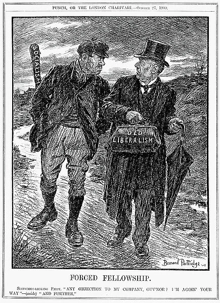 The policies of the British Liberal party were seen by some as creeping Socialism and, at the general election of January 1910, their parliamentary majority was sharply cut. Cartoon by Bernard Partridge from Punch, London, October 1909