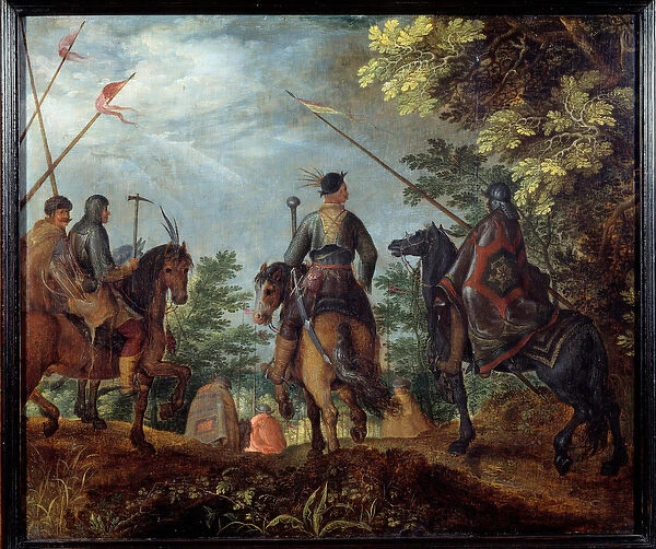 Polish horsemen walk in a wood. Painting by Roelant (Roelandt) Savery (1576-1639), 1614