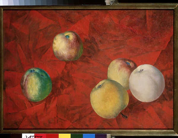Pommes sur un arriere plan rouge. (Apples On The Red Background). Peinture de Kuzma Sergeyevich Petrov Vodkin (Petrov-Vodkin) (Kouzma Petrov Vodkine) (Petrov-Vodkine) (1878-1939), huile sur toile, 1917. Art russe, 20e siecle