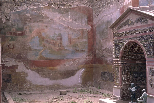 Pompeii, Casa de Diana and amphitrite fountain and wall painting, Italy (photo)