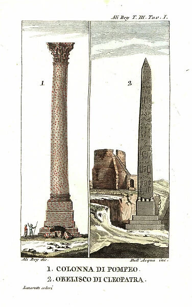 Pompey's Pillar 1, and the obelisk of Cleopatra 2. Illustration by Ali Bey el Abbassi from his Travels in Morocco, Tripoli, Cyprus, Egypt, Arabia, Syria and Turkey, London 1816