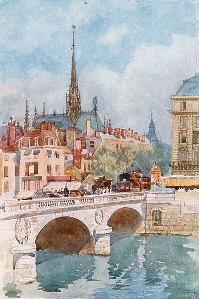 Pont St Michel and Ste Chapelle, Paris (colour litho)