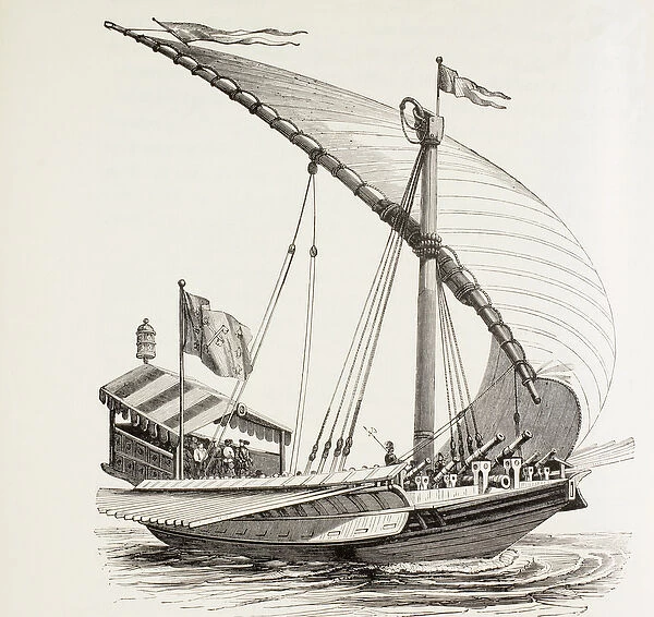 Pontifical Galley with Sails, Oars and Heavy Artillery, c. 1808 (litho)