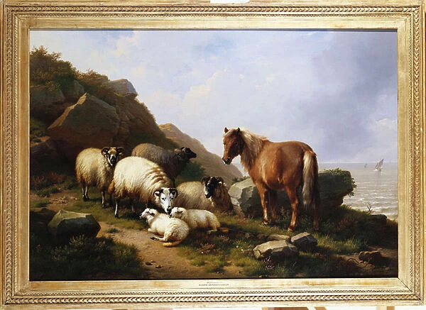A pony and sheep on a cliff with a sailing vessel beyond, 1868 (oil on panel)