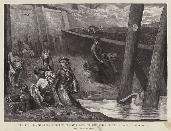 Poor children gleaning pieces of coal from the banks of the Thames at Limehouse, London (litho)
