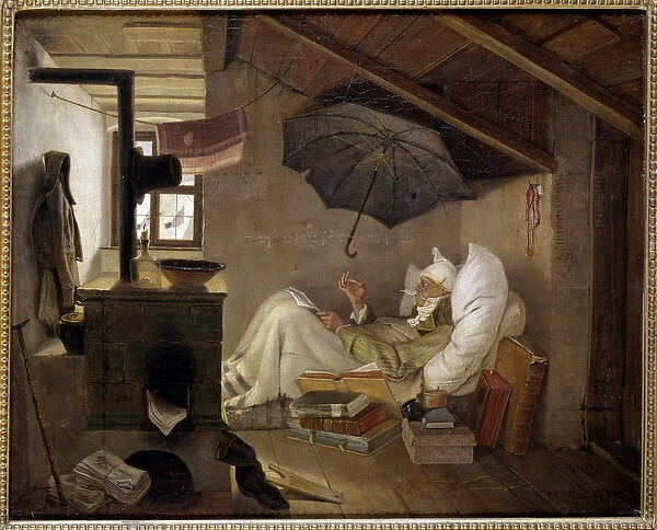 Poor poet An old man lies in an attic. Painting by Carl Spitzweg (1808-1885) 1839. Dim. 0