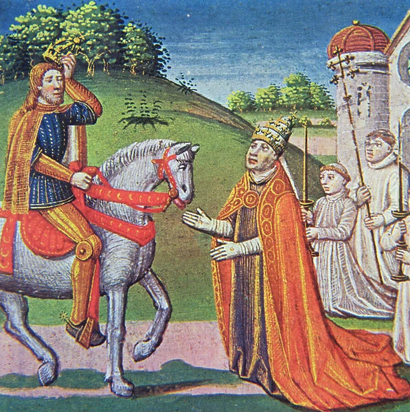 Pope Adrian I meeting Charlemagne, miniature from the Chronicles of France, printed by A. Verard, Paris, 1493 (hand-coloured print)