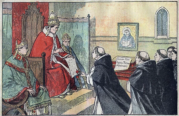 Pope John XXII (John XII) (Popes of Avignon) handed over to the Dominicans the canonization bubble of St. Thomas Aquinas (Thomas Aquinas) on July 18, 1323 in Avignon. Drawing by Lecoultre for the pelerin of 1923