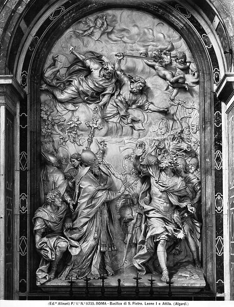 Pope Leo I (c. 390-461) repulsing Attila (c. 406-453) (marble) (b  /  w photo)