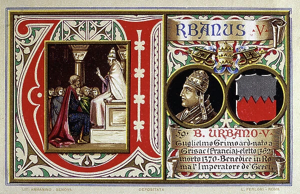 Pope Urbain V (Guglielmo Grimoard, Urbano V, 1310-1370), elected in 1362 died in 1370. Scene the representative blessing the Emperor of Greece. Pious Image, Chromolithography Rome, 1903
