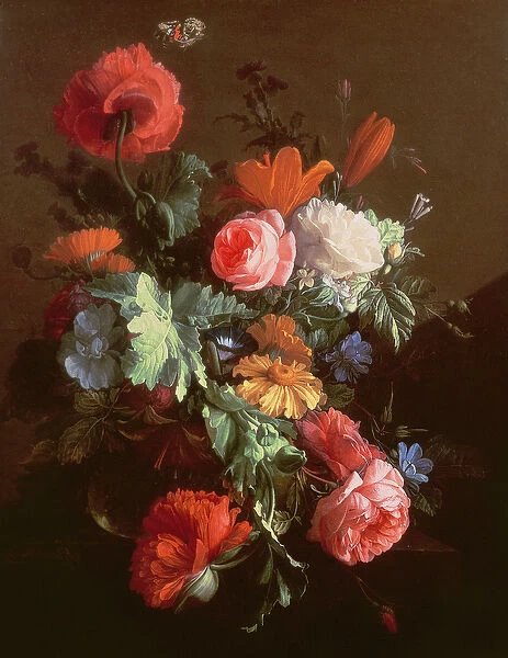 Poppies, Roses, Lilies, Daisies, a Convolvulus and Other Flowers in a Glass Bowl on a Ledge