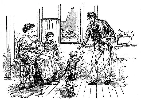 Popular family- The working-father returns from work and finds his home, wife and children who surround their mother (house-mother). On the table, a soup pot of hot soup and a liter of wine